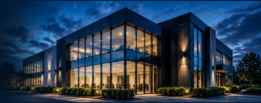 Modern commercial building at dusk